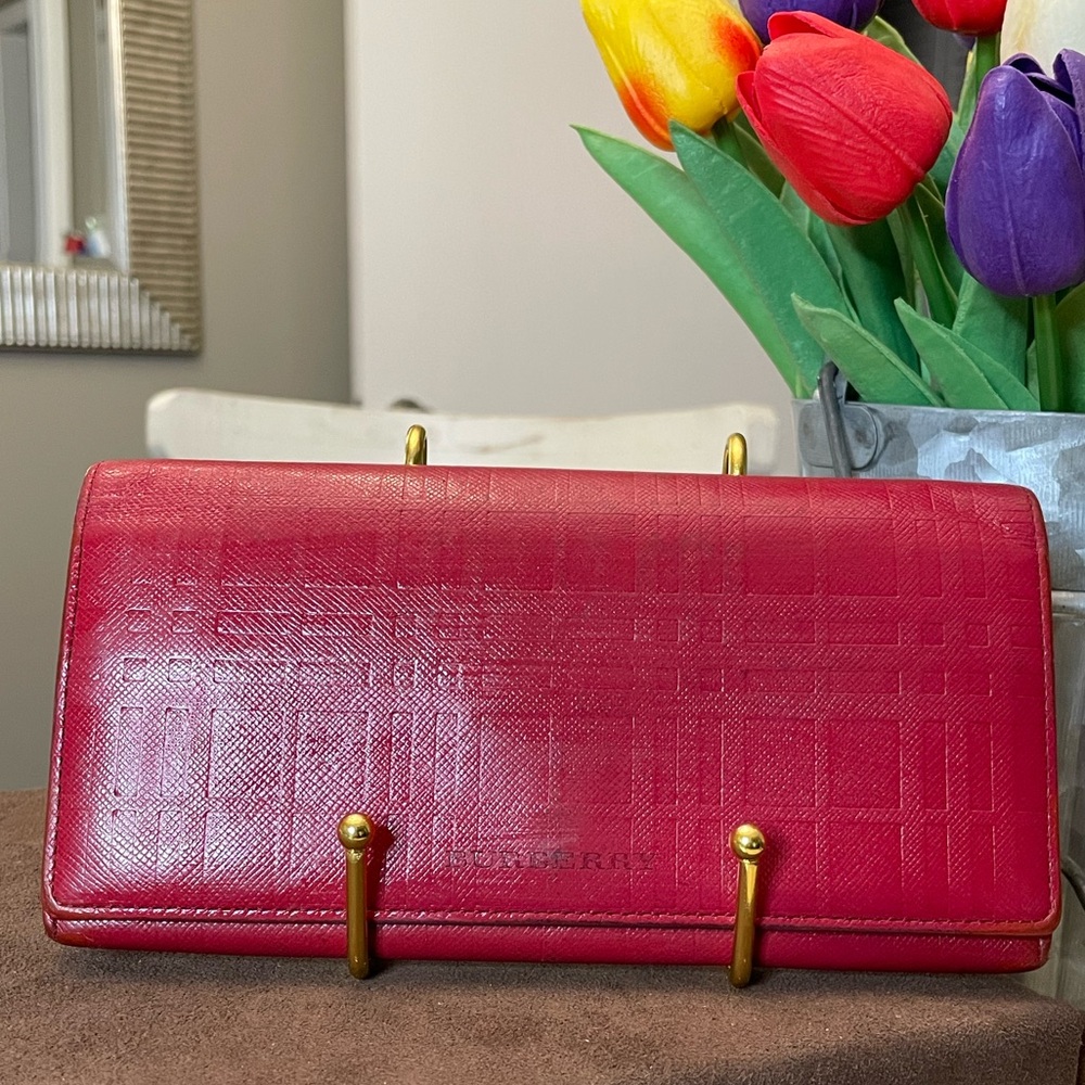 Burberry red leather plaid embossed long wallet